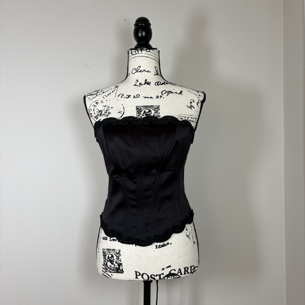 Vintage Betsy & Adam Black Satin Corset Bustier Top Strapless Lace Trim Y2K 90s